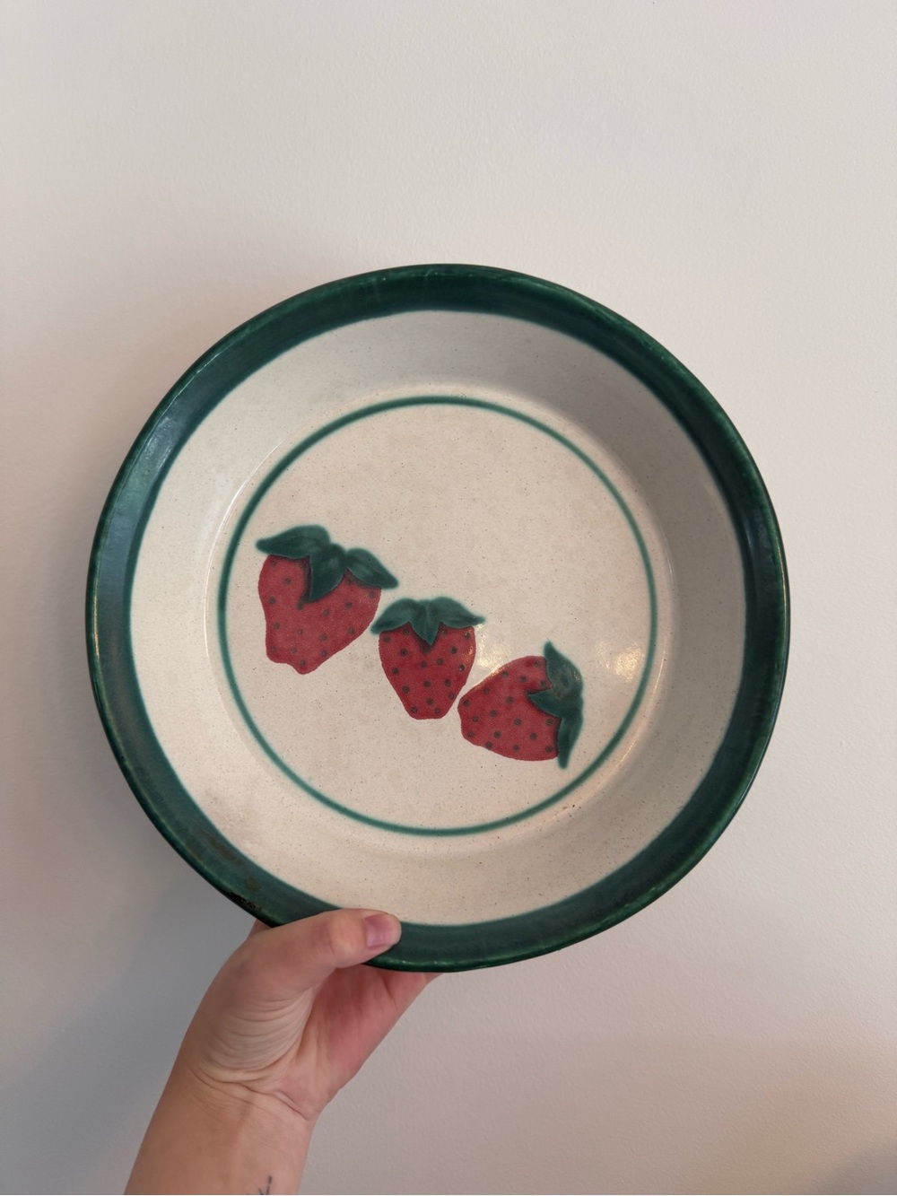 Vintage Strawberry Ceramic Serving Bowl in Green and Cream
